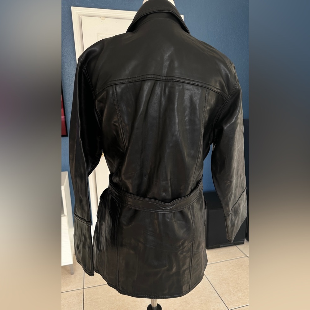 Black Leather Belted Women's Jacket - Picture 2 of 4